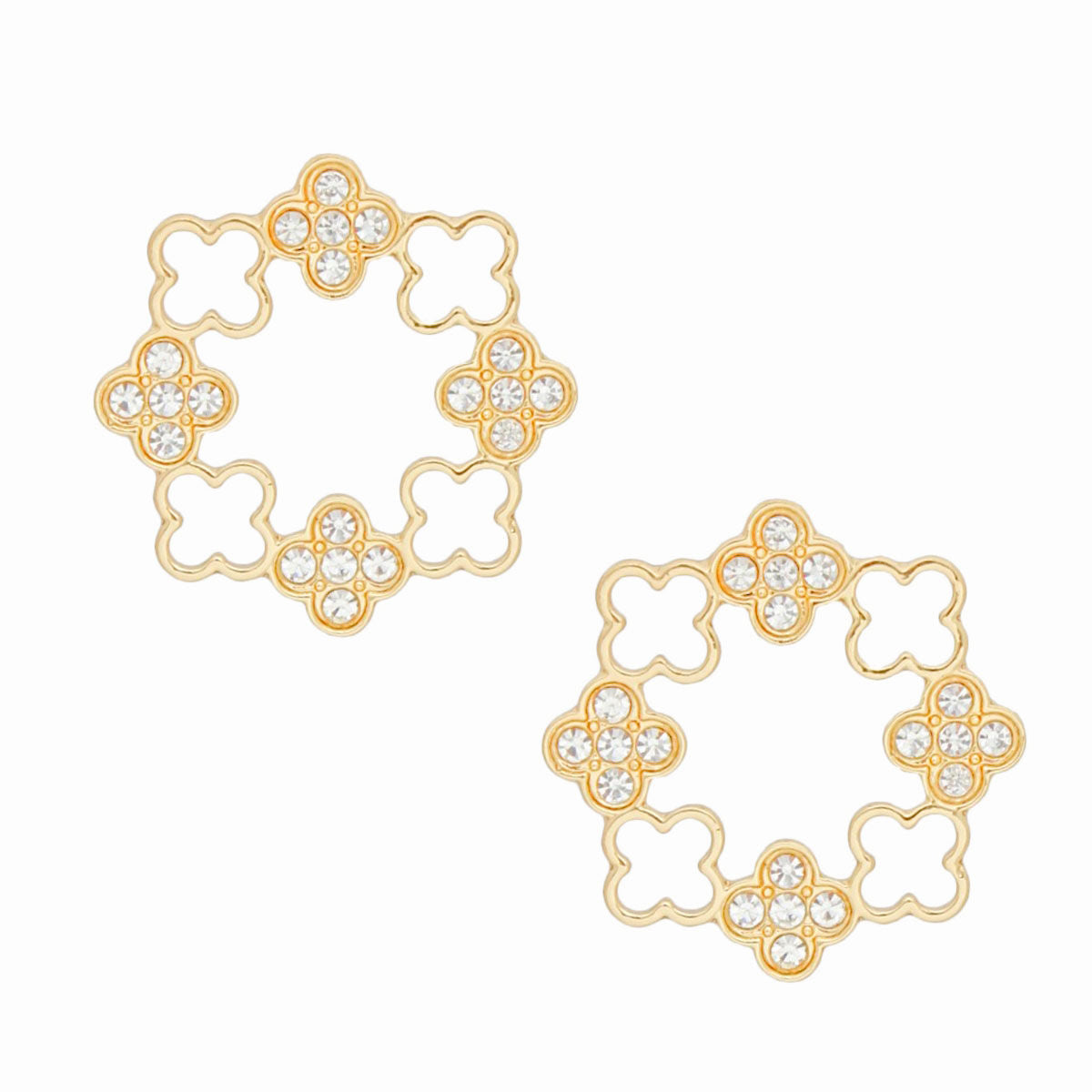 Elegant Gold Tone Clover Wreath Stud Earrings with Clear Rhinestone Detailing - Modern Geometric Statement Piece for Women Pinktown