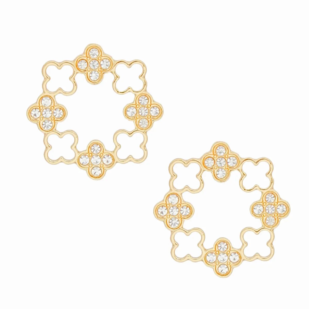 Elegant Gold Tone Clover Wreath Stud Earrings with Clear Rhinestone Detailing - Modern Geometric Statement Piece for Women