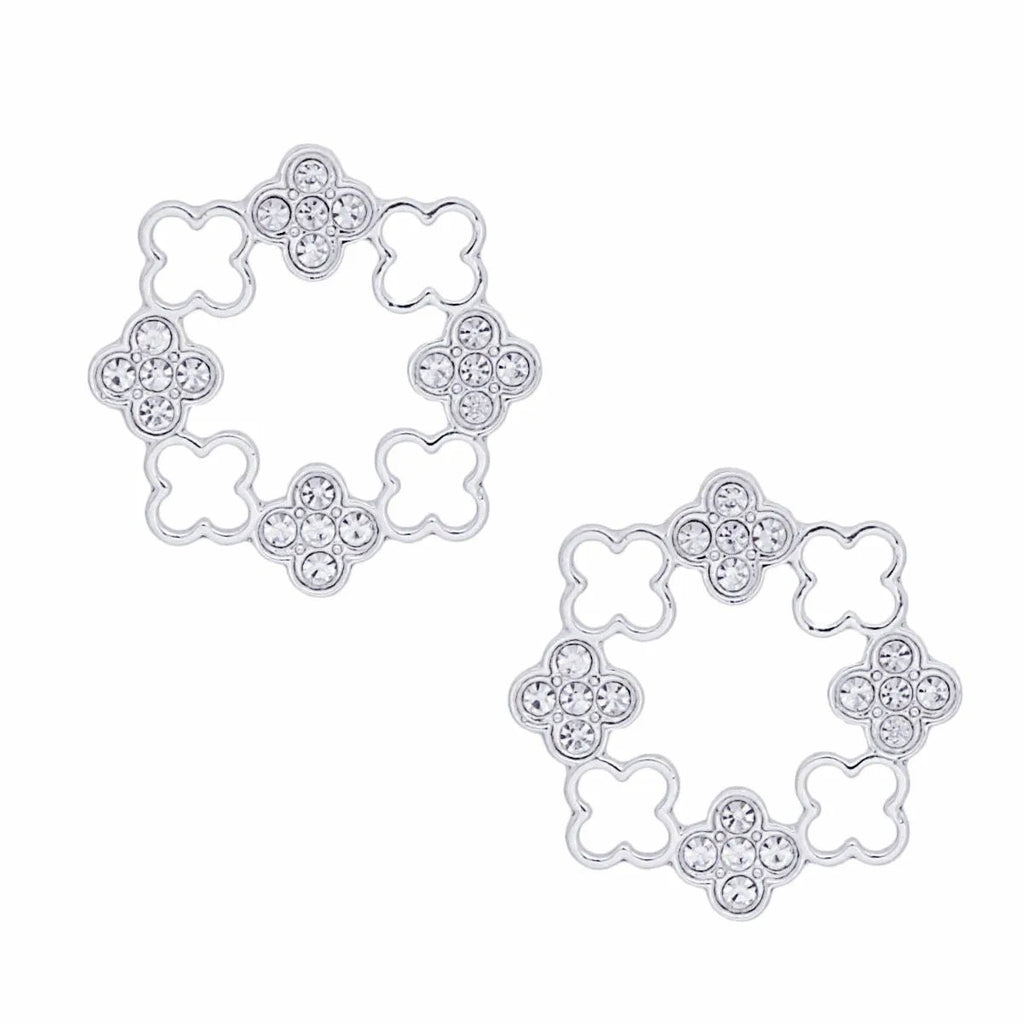 Elegant Silver Tone Clover Wreath Stud Earrings with Clear Rhinestone Detailing - Modern Geometric Statement Piece for Women