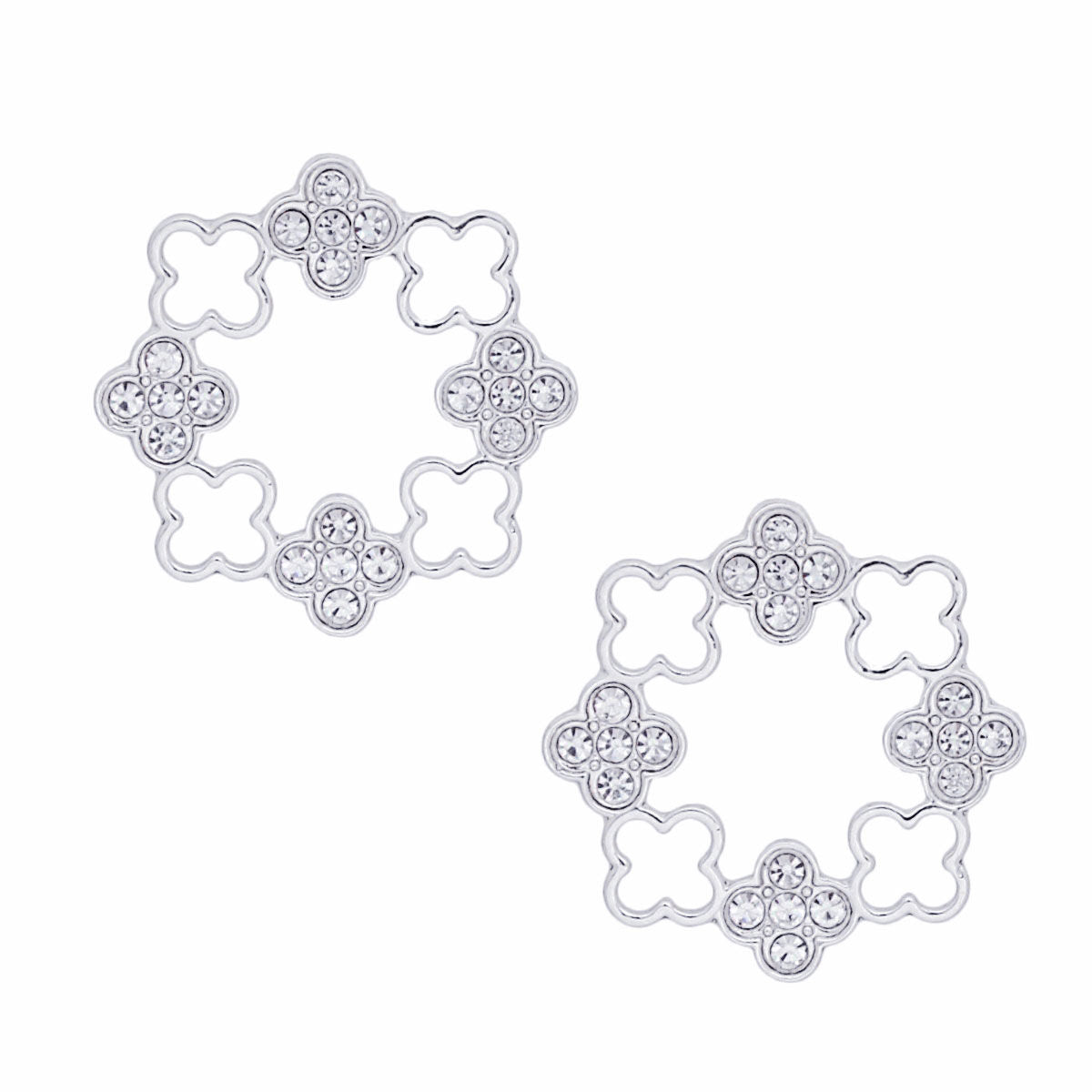 Elegant Silver Tone Clover Wreath Stud Earrings with Clear Rhinestone Detailing - Modern Geometric Statement Piece for Women Pinktown