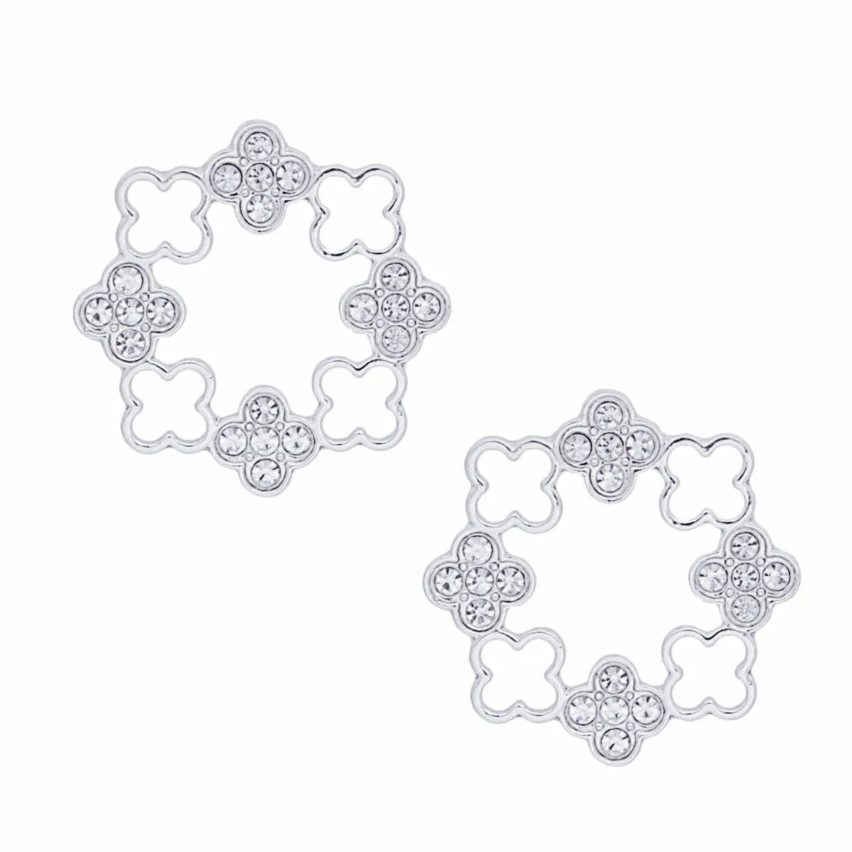 Elegant Silver Tone Clover Wreath Stud Earrings with Clear Rhinestone Detailing - Modern Geometric Statement Piece for Women