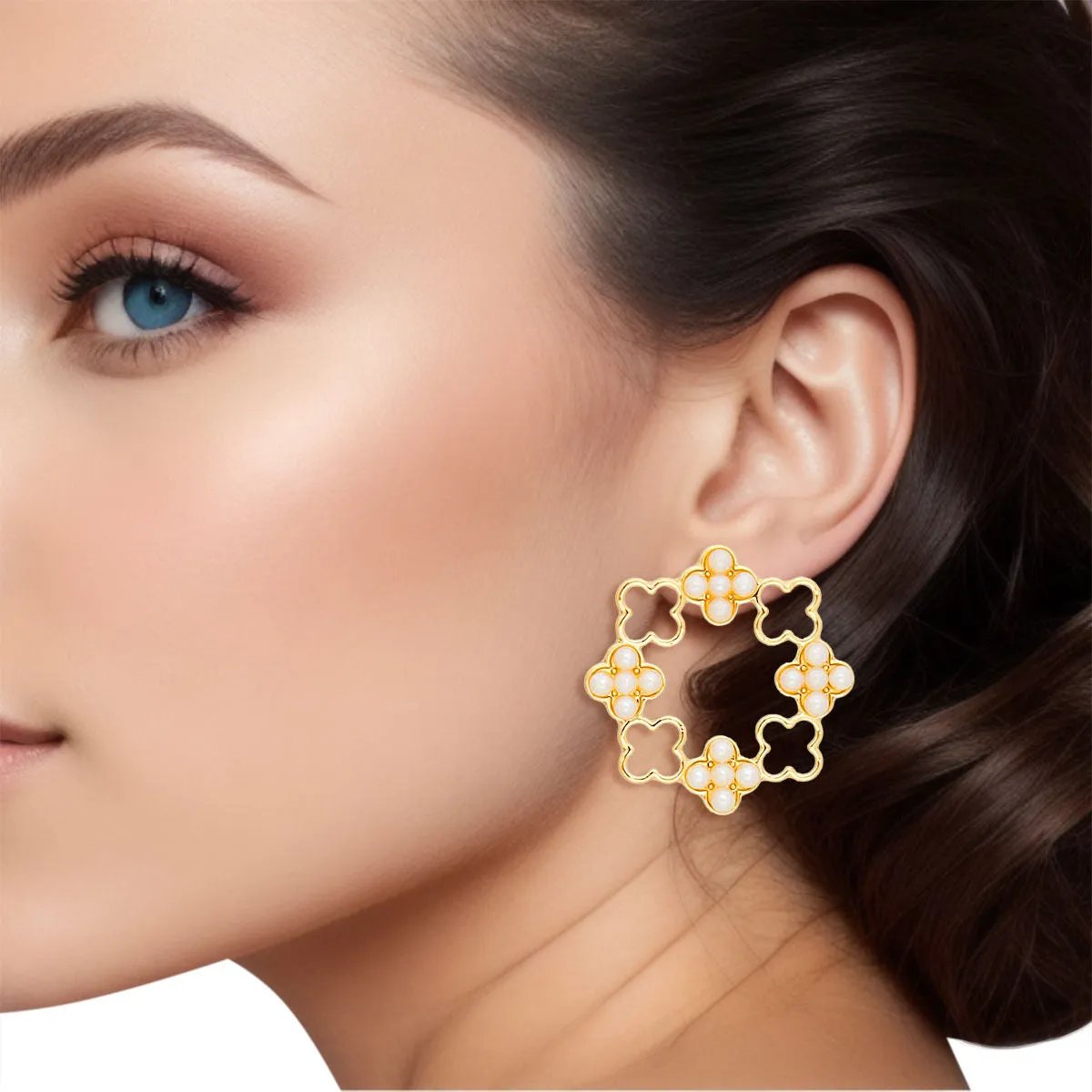 Elegant Gold Tone Clover Wreath Stud Earrings with Cream Faux Pearl Detailing - Modern Geometric Statement Piece for Women