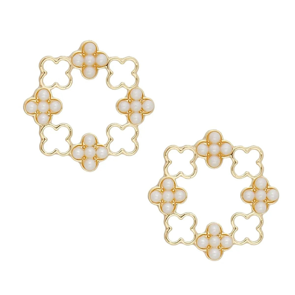 Elegant Gold Tone Clover Wreath Stud Earrings with Cream Faux Pearl Detailing - Modern Geometric Statement Piece for Women