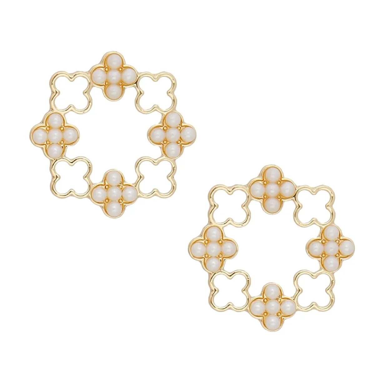 Elegant Gold Tone Clover Wreath Stud Earrings with Cream Faux Pearl Detailing - Modern Geometric Statement Piece for Women