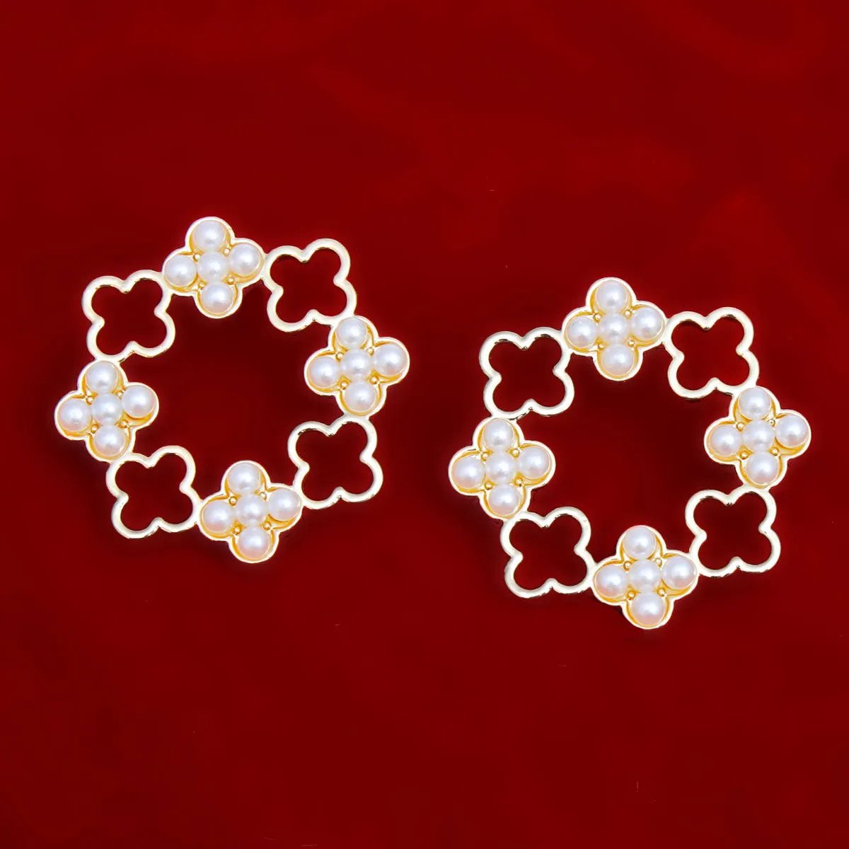 Elegant Gold Tone Clover Wreath Stud Earrings with Cream Faux Pearl Detailing - Modern Geometric Statement Piece for Women