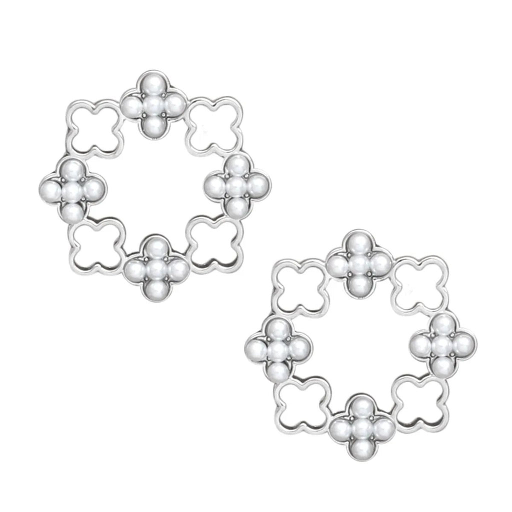 Elegant Silver Tone Clover Wreath Stud Earrings with White Faux Pearl Detailing - Modern Geometric Statement Piece for Women