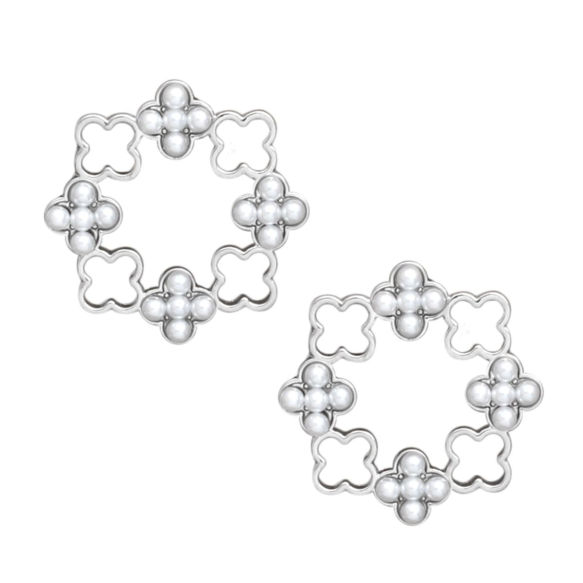 Elegant Silver Tone Clover Wreath Stud Earrings with White Faux Pearl Detailing - Modern Geometric Statement Piece for Women Pinktown