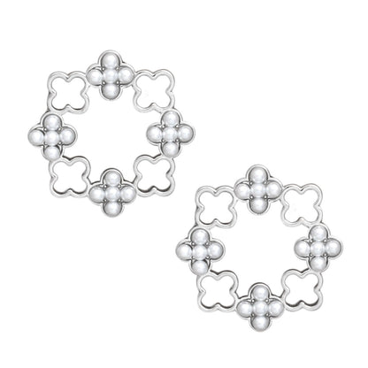 Elegant Silver Tone Clover Wreath Stud Earrings with White Faux Pearl Detailing - Modern Geometric Statement Piece for Women Pinktown