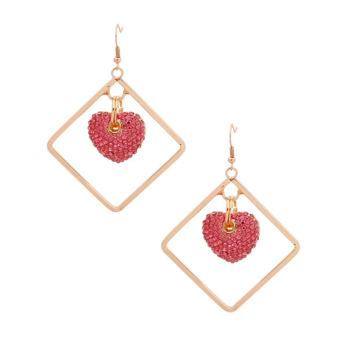 Gold-Tone Diamond Drop Earrings with Pink Rhinestone Heart Dangle