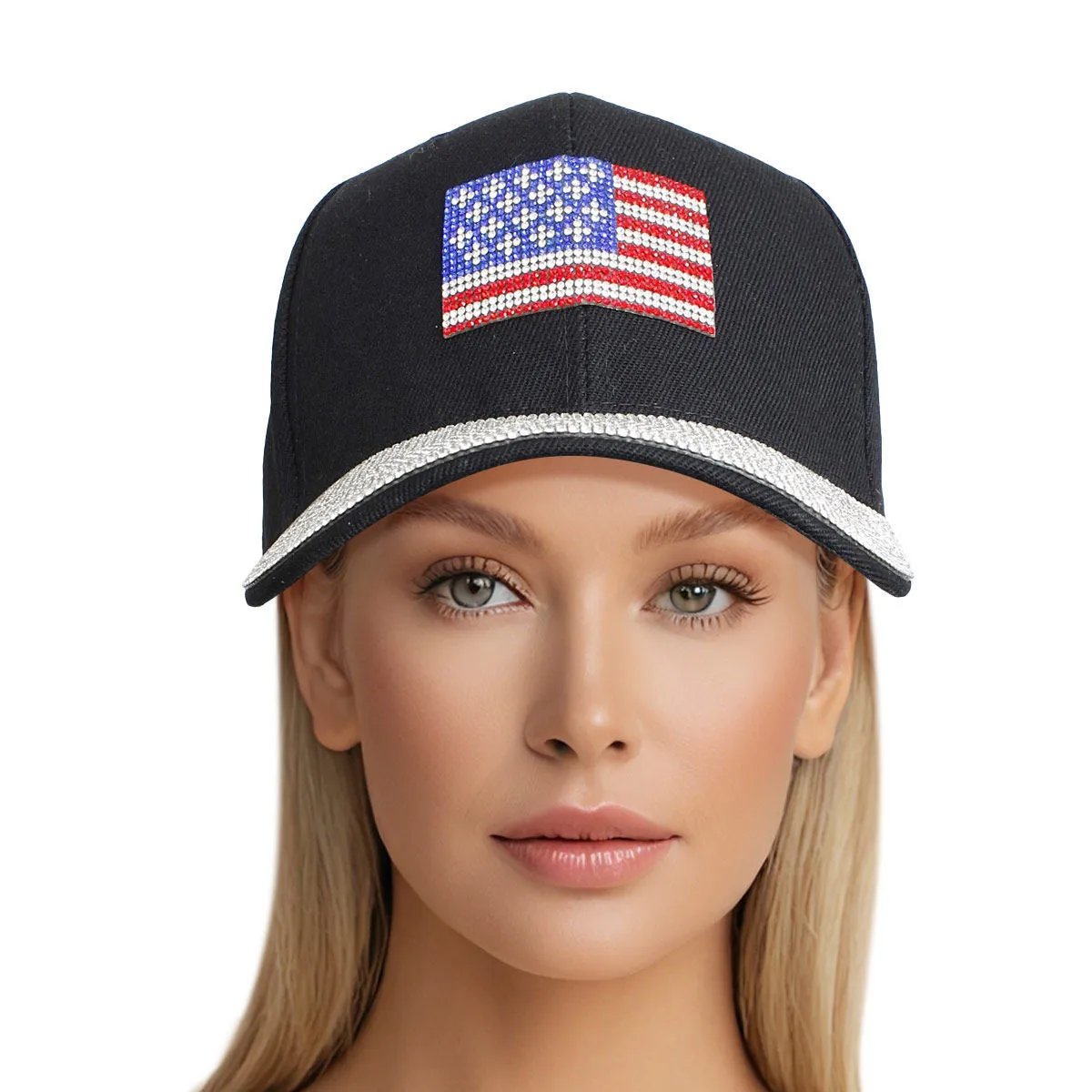 Women's Black Canvas Baseball Cap with Rhinestone American Flag and Brim Detailing