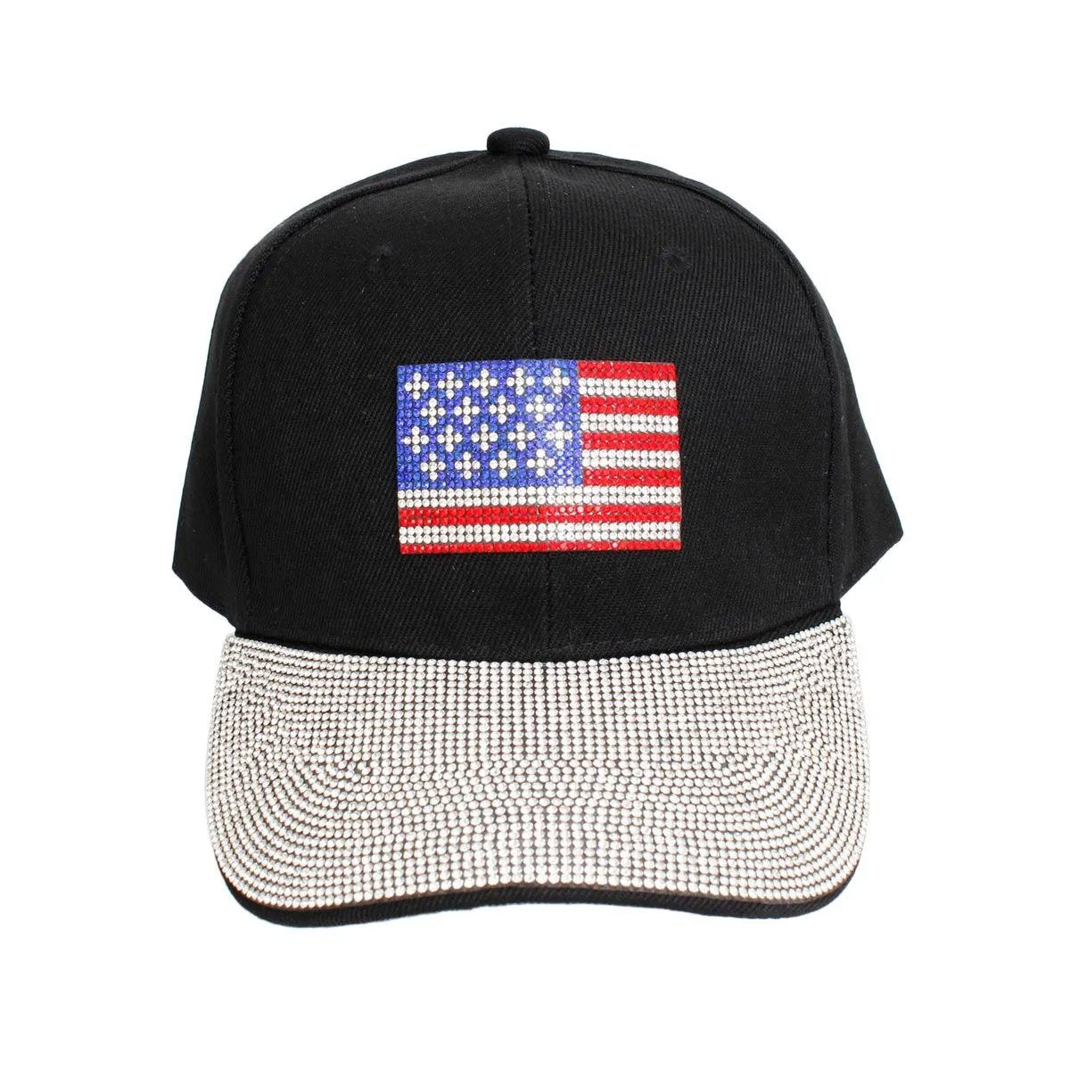 Women's Black Canvas Baseball Cap with Rhinestone American Flag and Brim Detailing