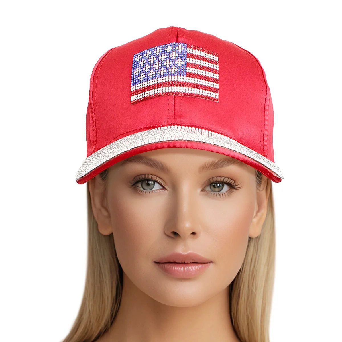 Women's Red Satin Rhinestone American Flag Baseball Cap with Crystal-Studded Brim and Adjustable Buckle