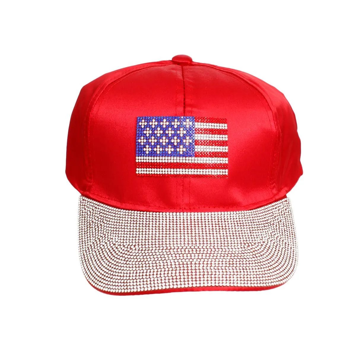 Women's Red Satin Rhinestone American Flag Baseball Cap with Crystal-Studded Brim and Adjustable Buckle