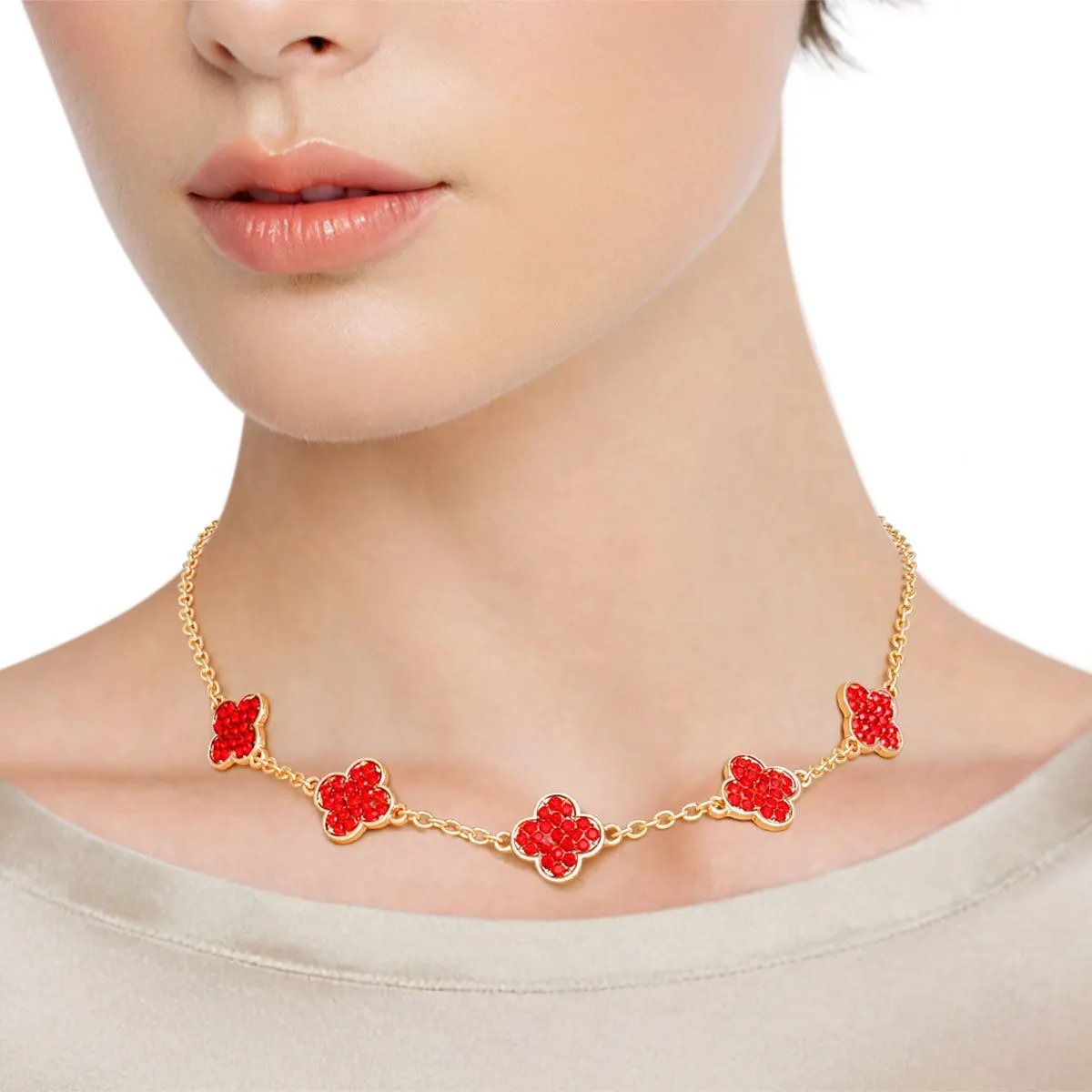 Eternal Bloom: Ruby Radiance Gold Statement Quatrefoil Necklace