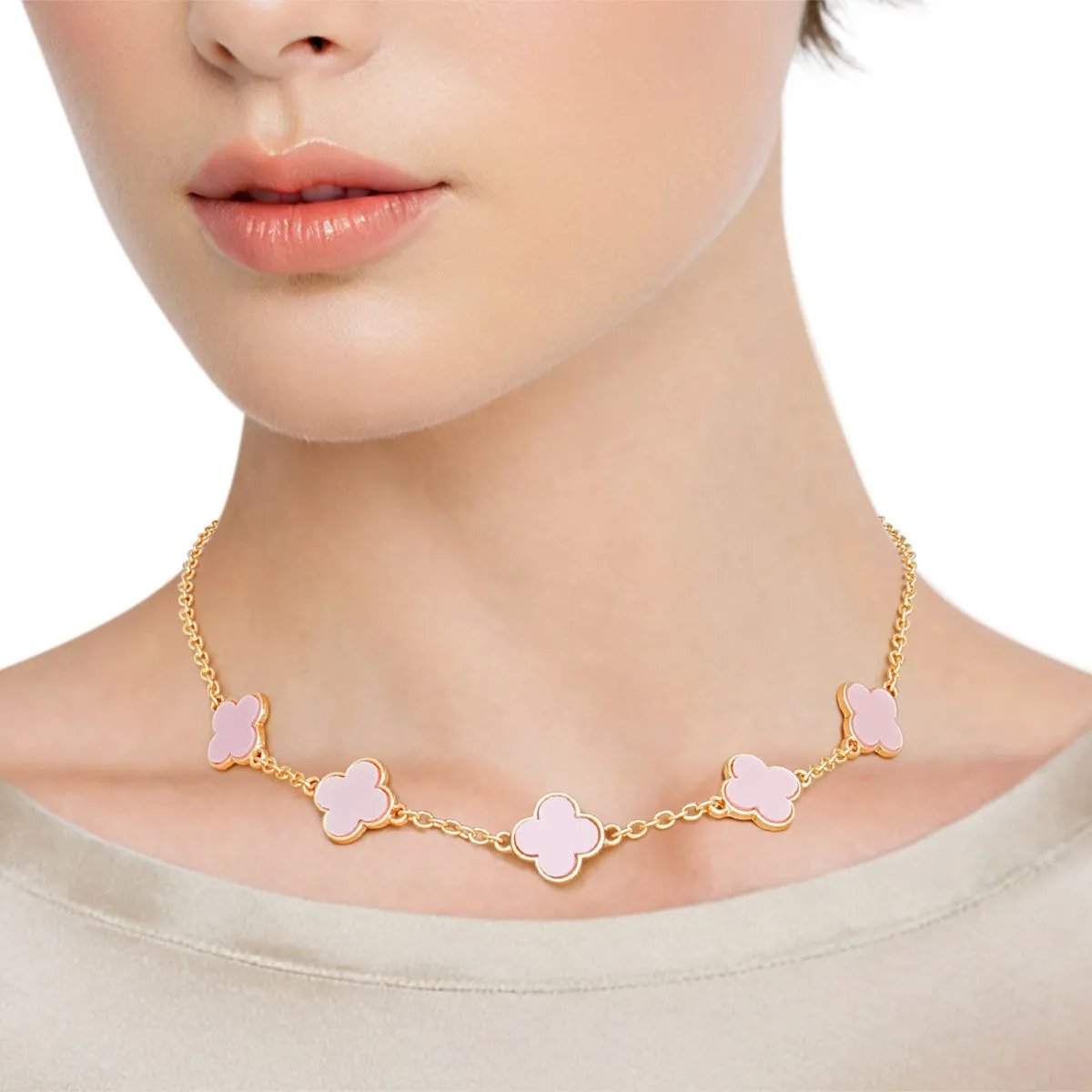 Blossom Dreams: Pink Quatrefoil Clover Chain Necklace in Gold