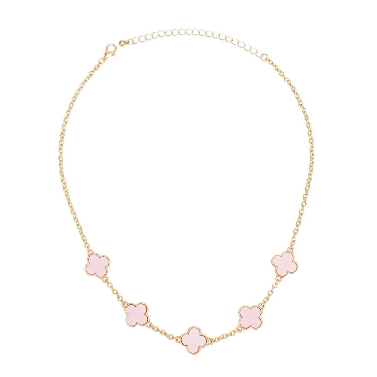 Blossom Dreams: Pink Quatrefoil Clover Chain Necklace in Gold