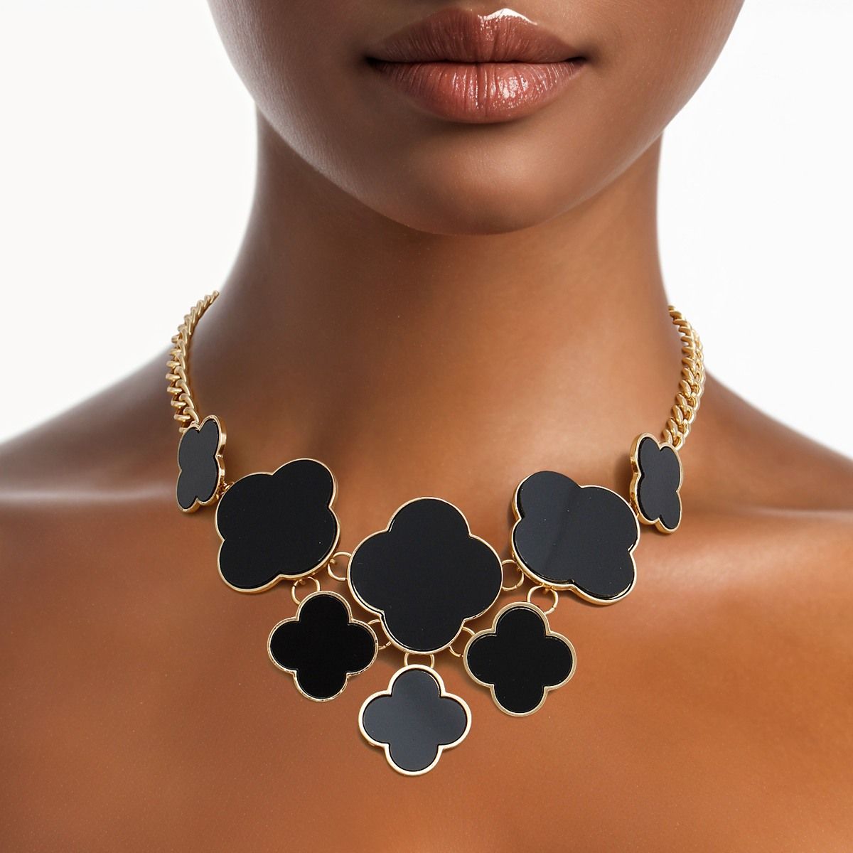 Black Clover Statement Necklace Gold Floral Bib | Fashion Jewelry