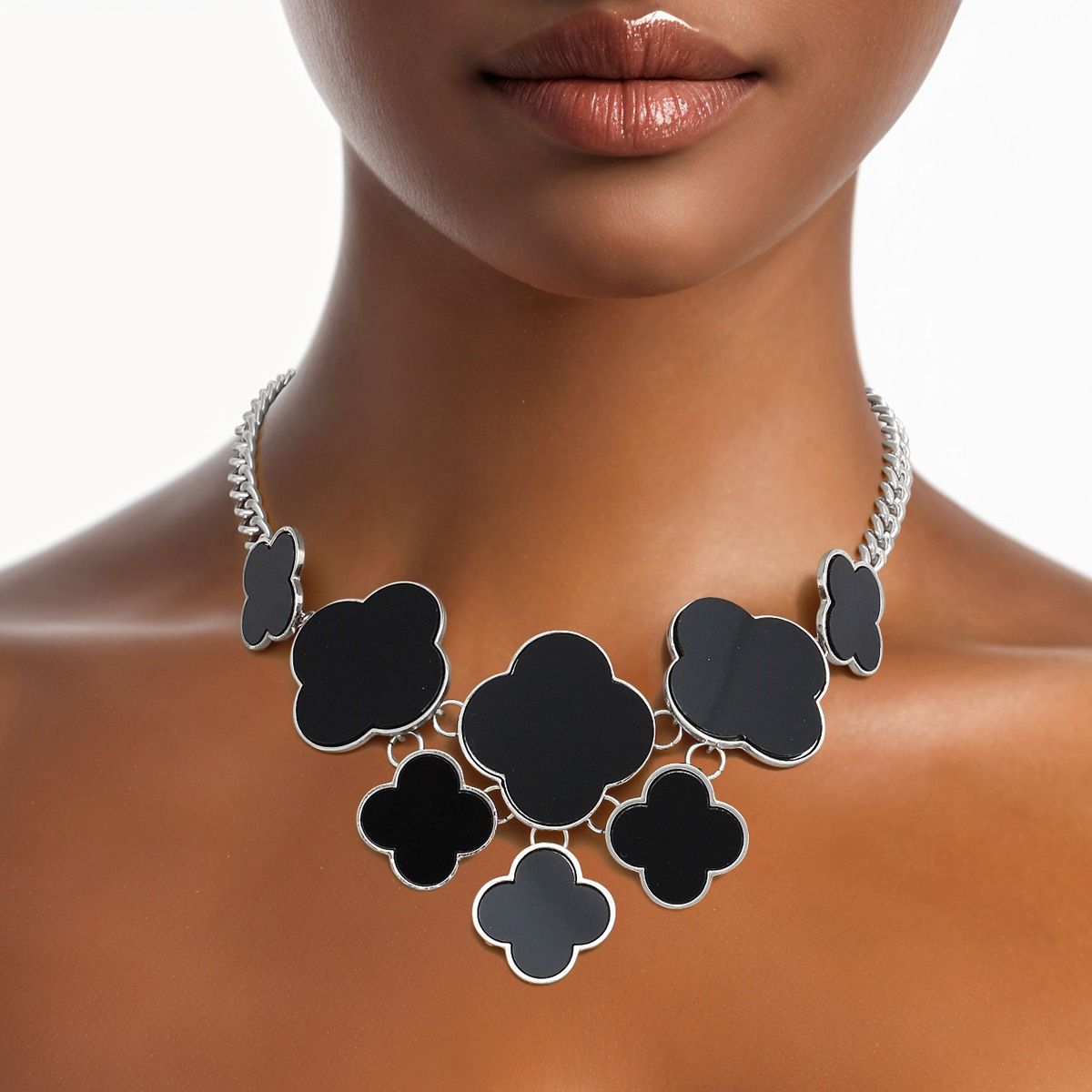 Black Clover Statement Necklace Silver Floral Bib | Fashion Jewelry