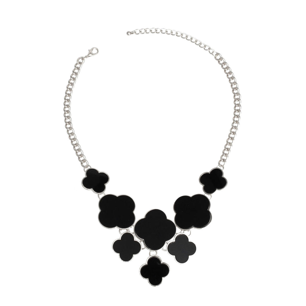 Black Clover Statement Necklace Silver Floral Bib | Fashion Jewelry