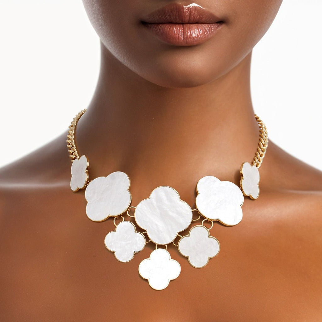 Cream Clover Statement Necklace Gold Floral Bib | Fashion Jewelry