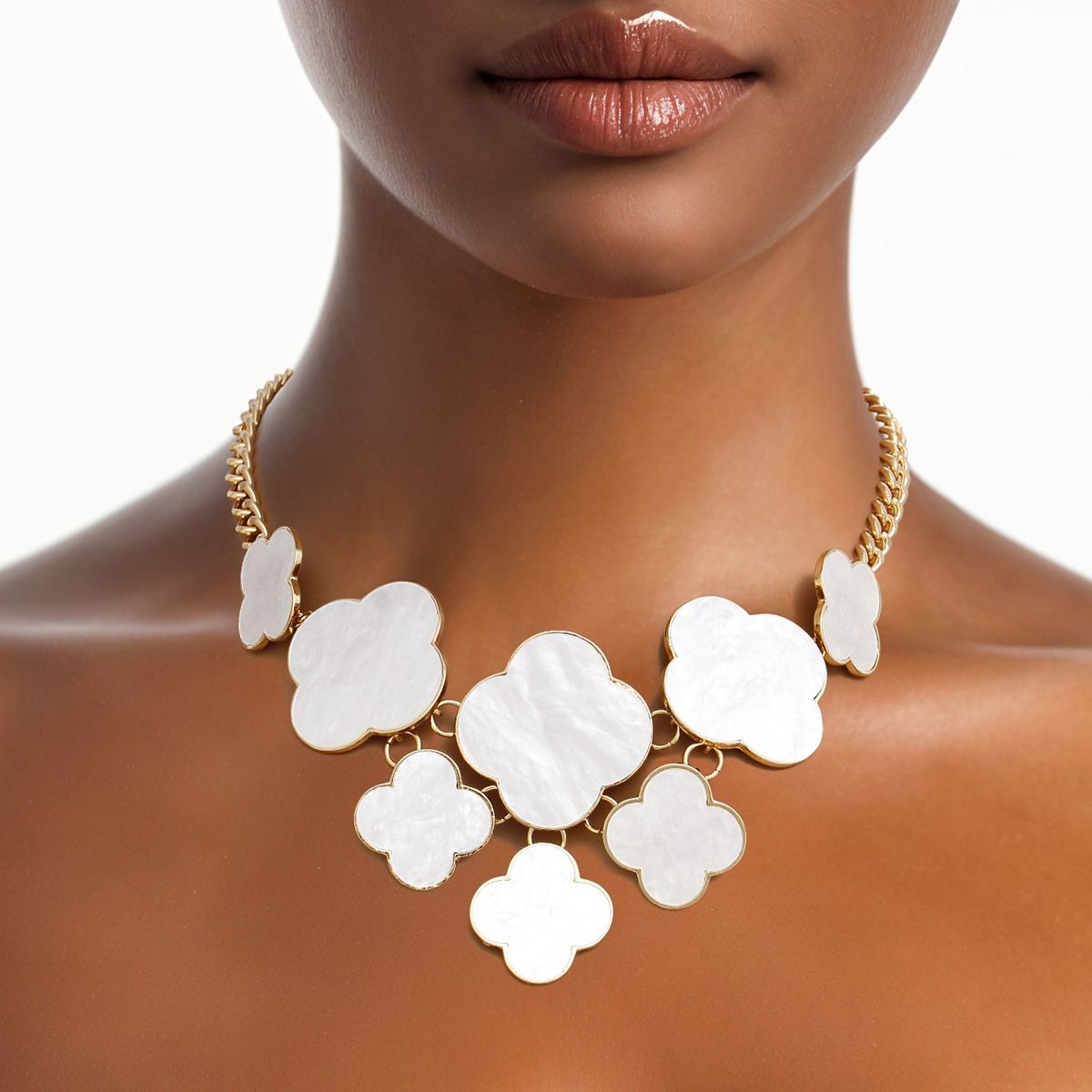 Cream Clover Statement Necklace Gold Floral Bib | Fashion Jewelry
