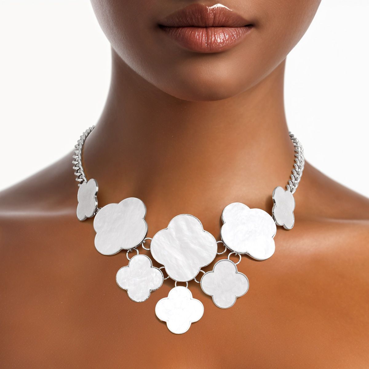 White Clover Statement Necklace Silver Floral Bib | Fashion Jewelry