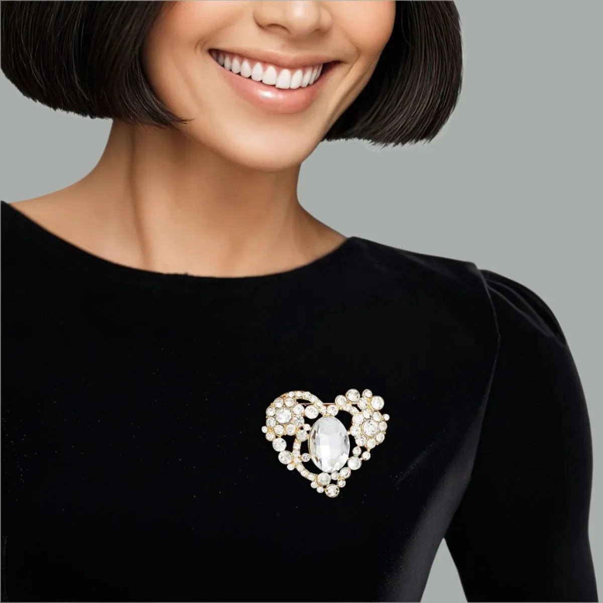 Gold-Tone Heart Shaped Brooch with Clear Crystals
