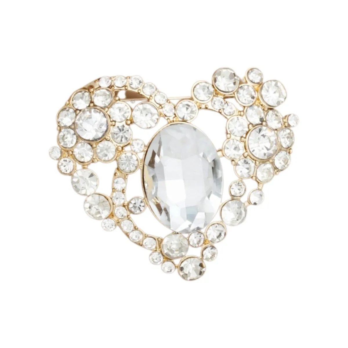 Gold-Tone Heart Shaped Brooch with Clear Crystals