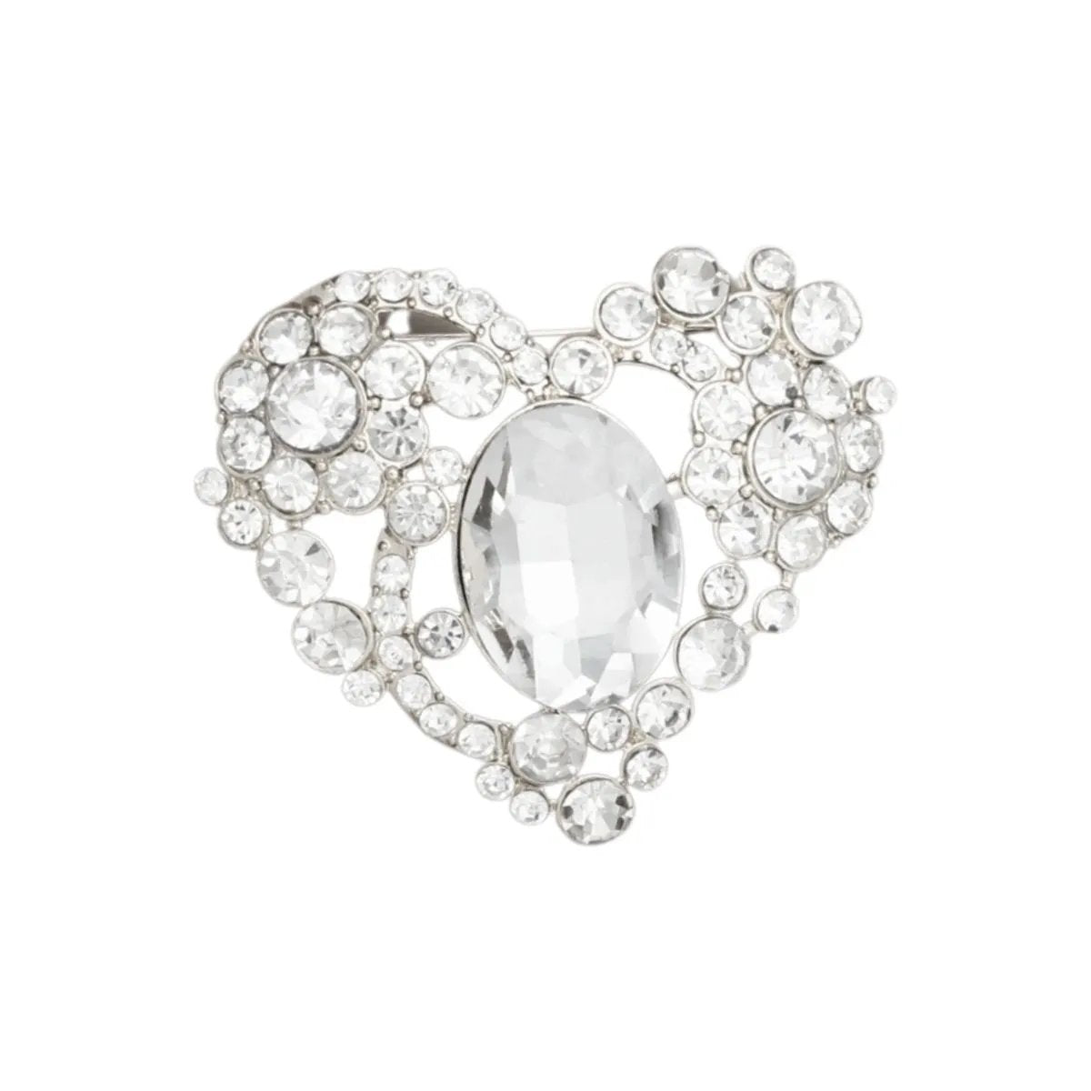 Silver-Tone Heart Shaped Brooch with Clear Crystals