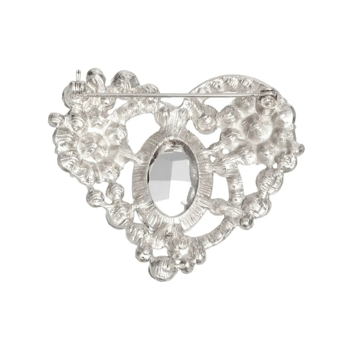 Silver-Tone Heart Shaped Brooch with Clear Crystals