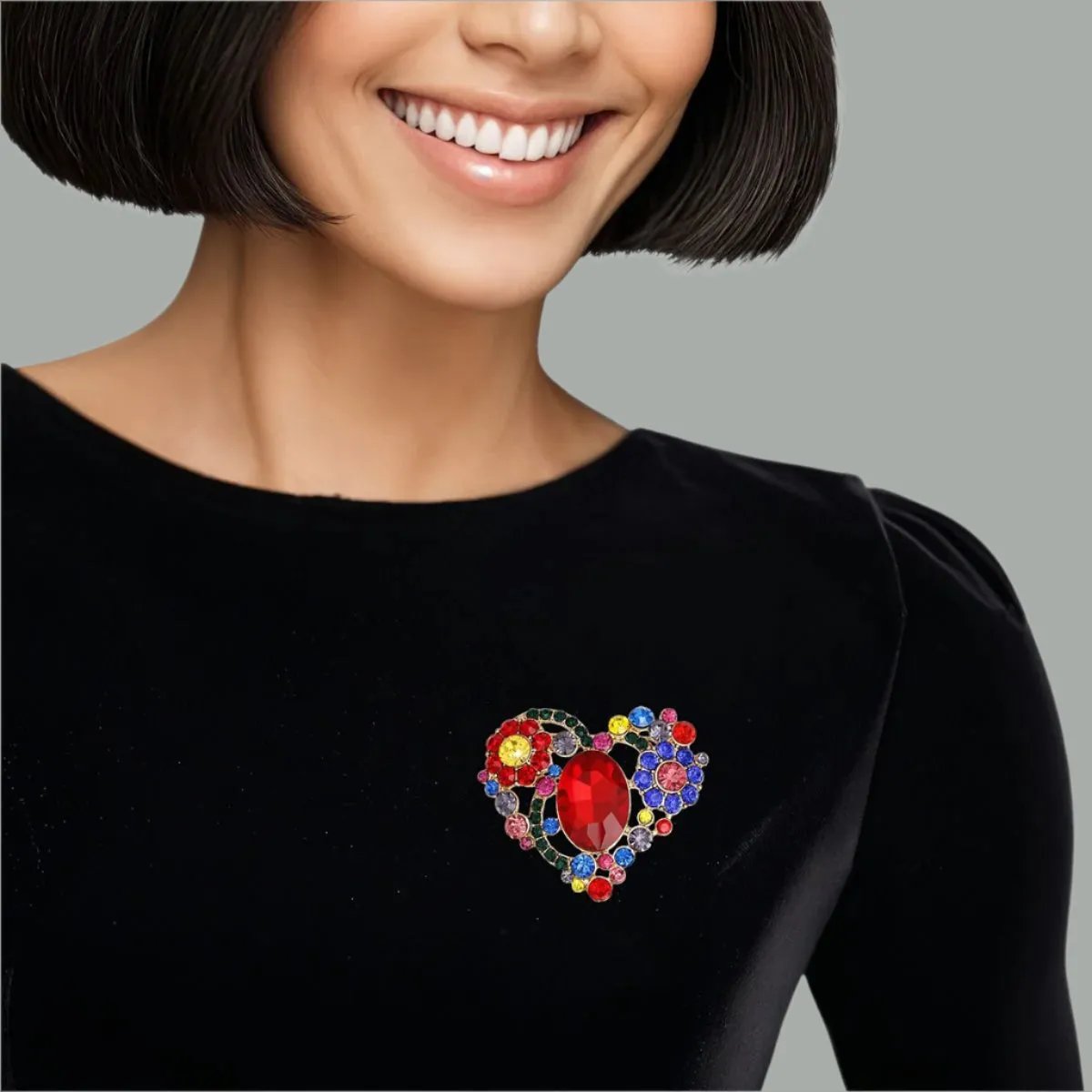 Gold-Tone Heart Shaped Brooch with Multicolor Crystals