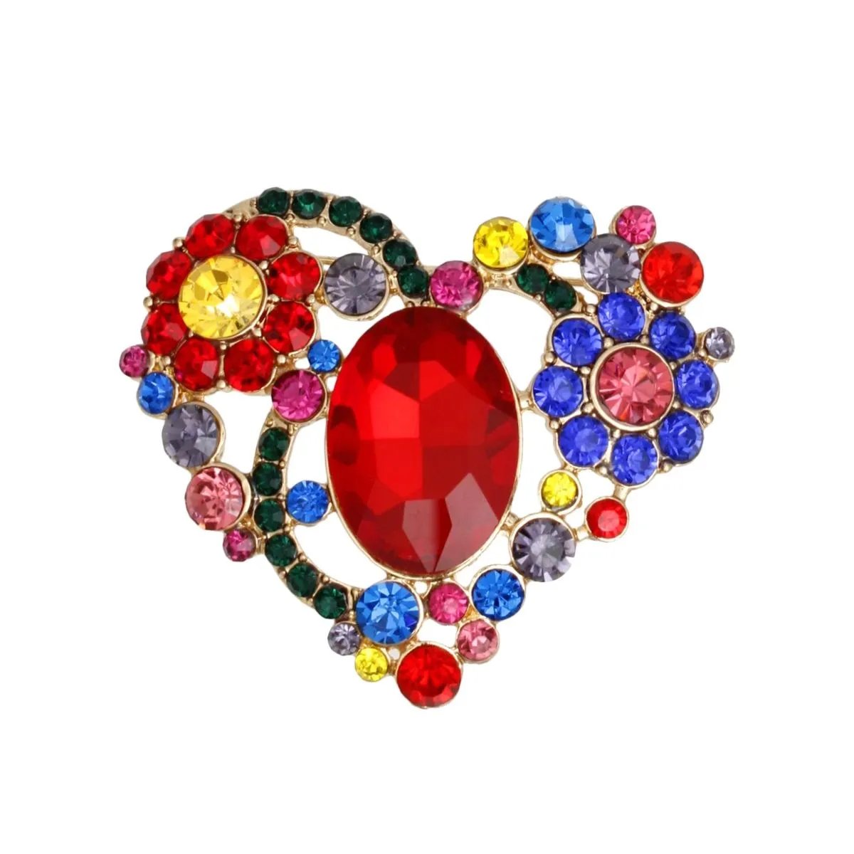 Gold-Tone Heart Shaped Brooch with Multicolor Crystals