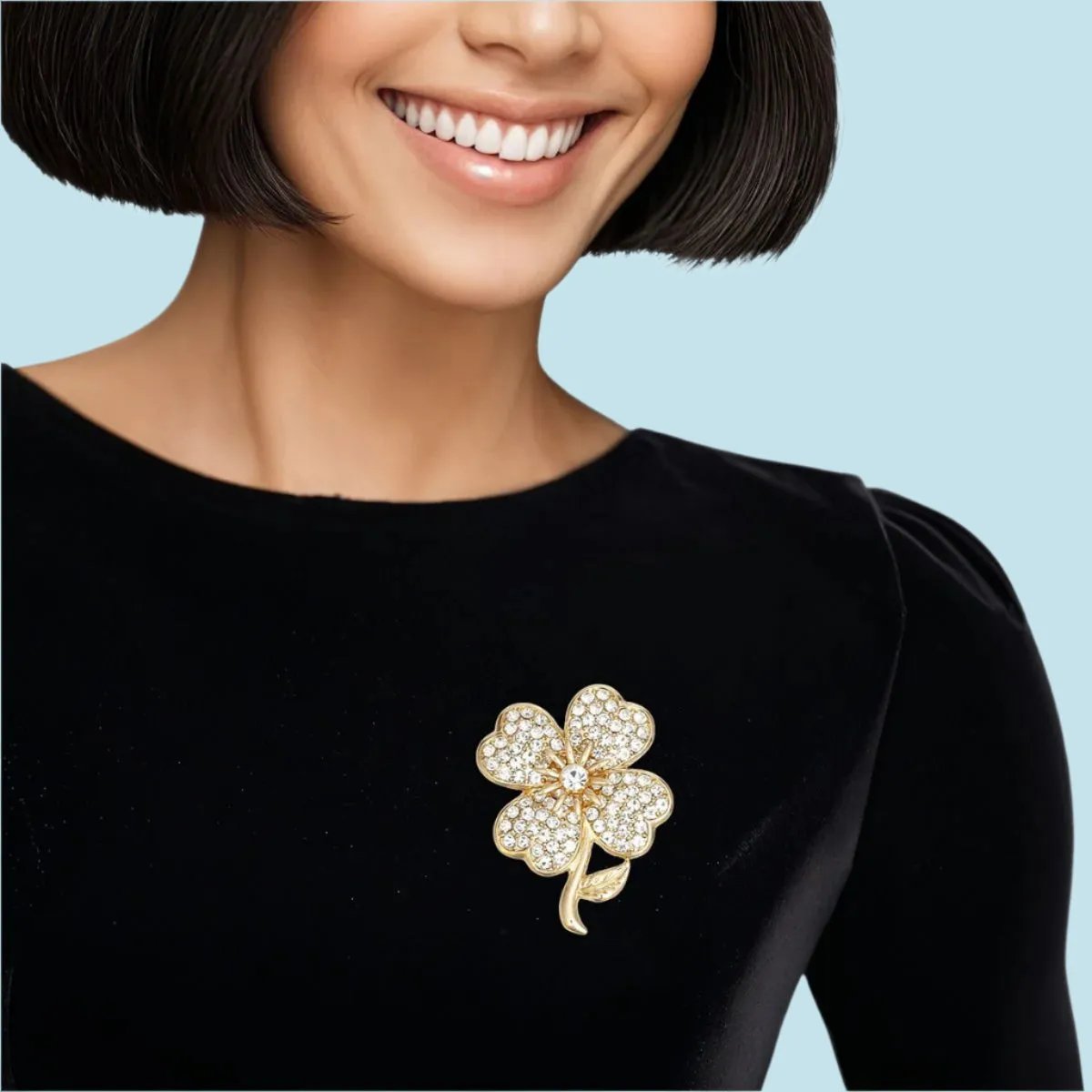 Brooch Lapel Pin: Clear Gold Four-Leaf Clover