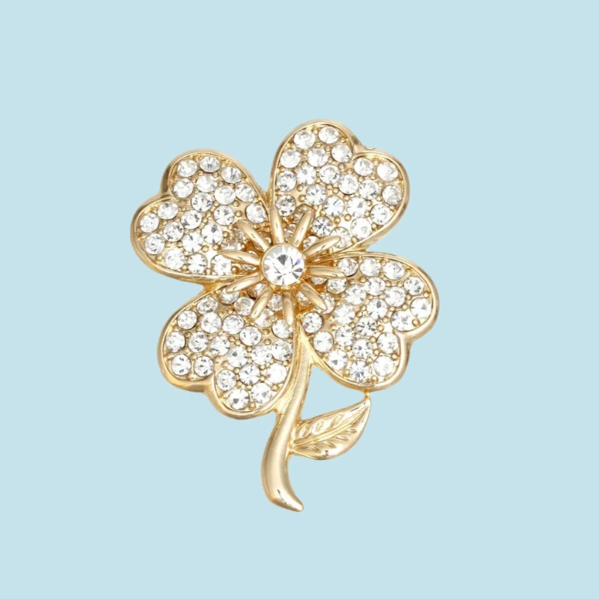 Brooch Lapel Pin: Clear Gold Four-Leaf Clover