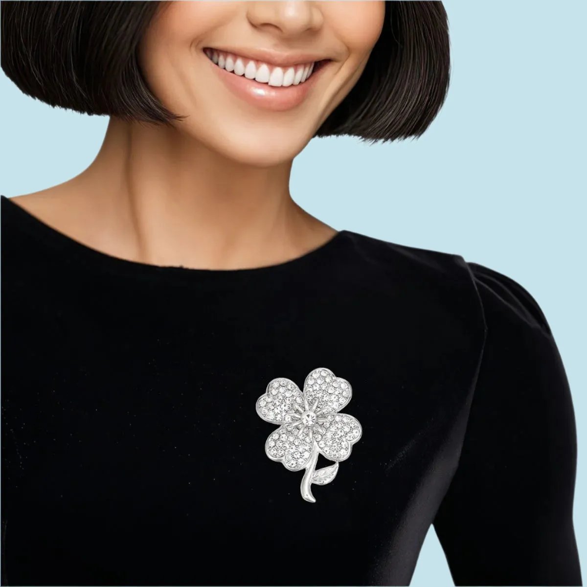 Brooch Lapel Pin: Clear Silver Four-Leaf Clover
