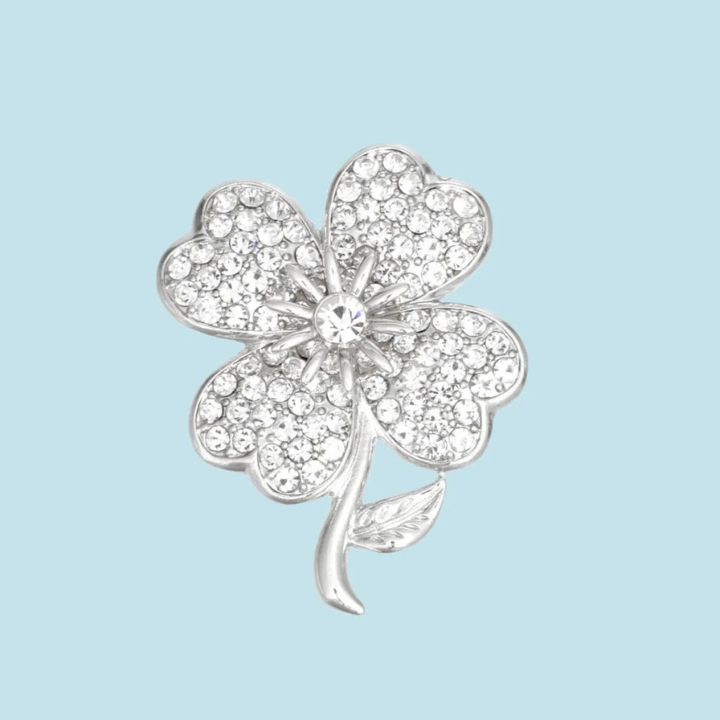 Brooch Lapel Pin: Clear Silver Four-Leaf Clover