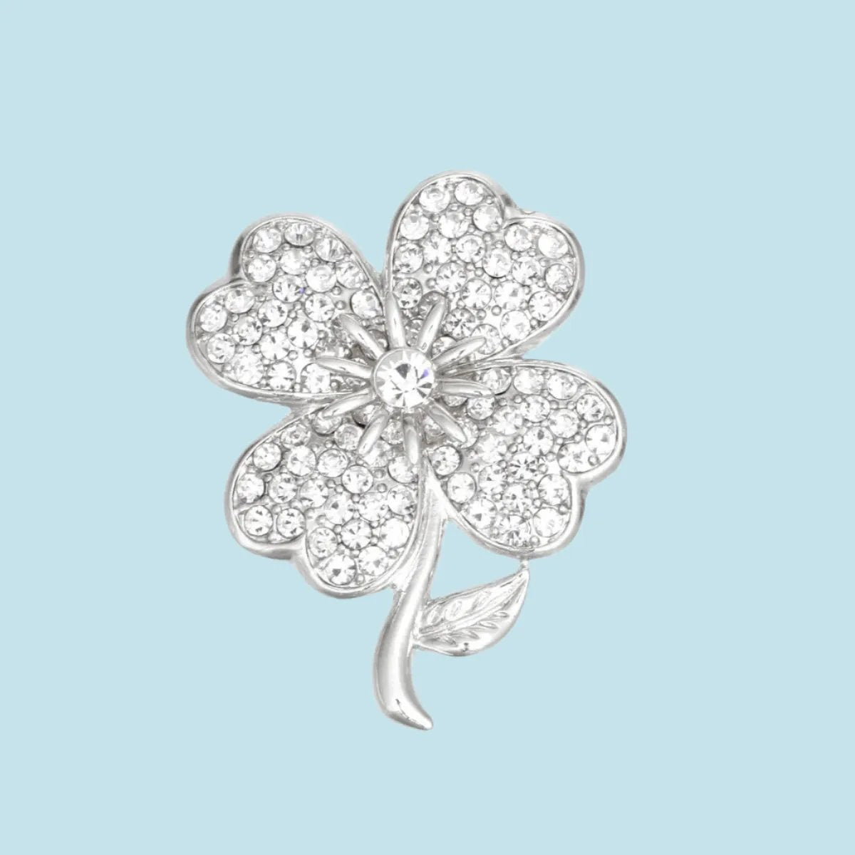 Brooch Lapel Pin: Clear Silver Four-Leaf Clover