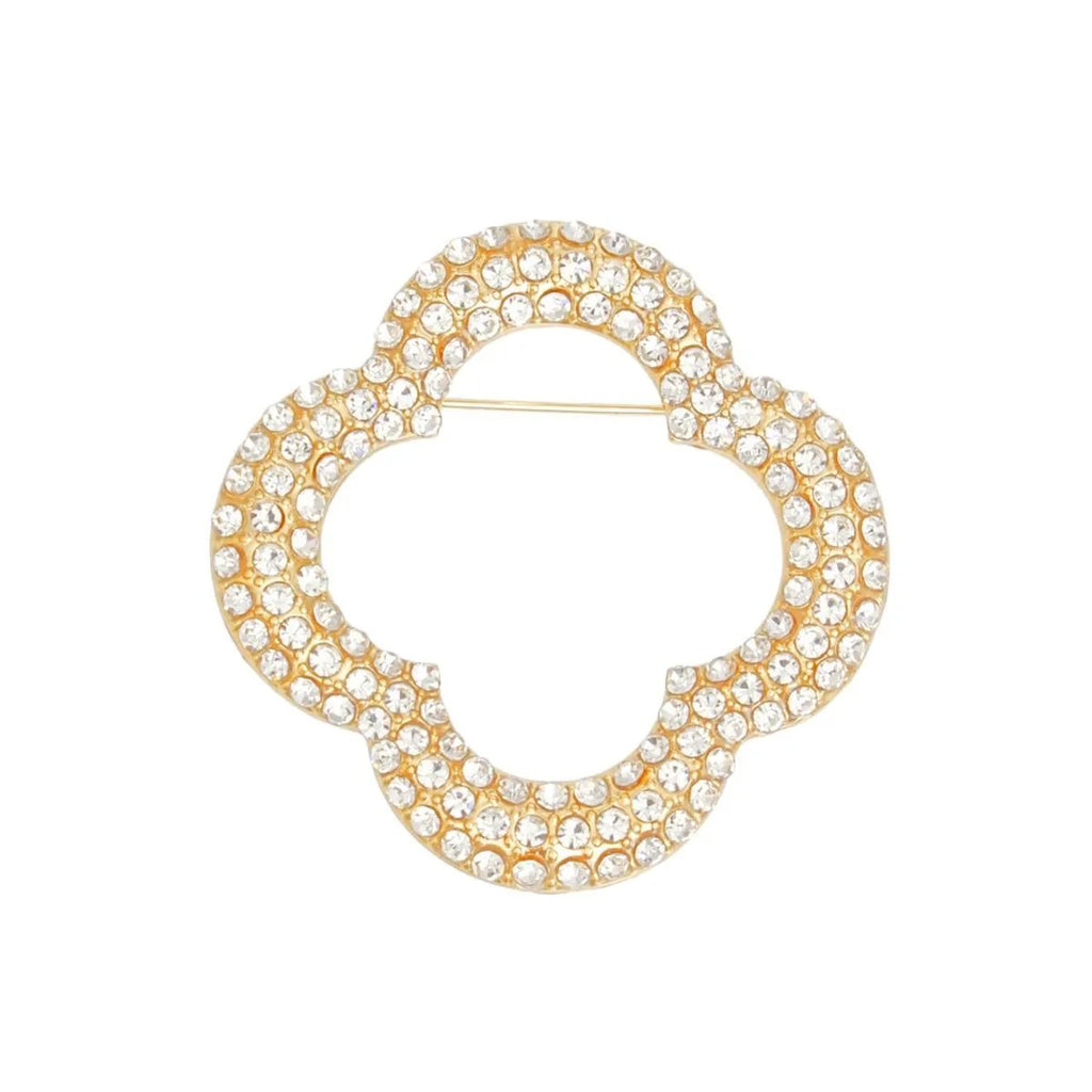 Gold Tone Rhinestone Quatrefoil Clover Brooch - Elegant Women’s Pin