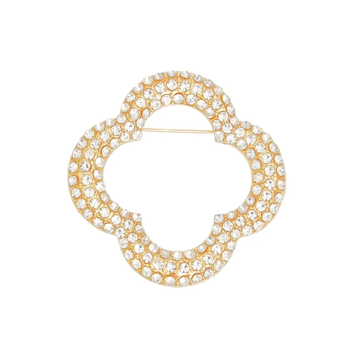 Gold Tone Rhinestone Quatrefoil Clover Brooch - Elegant Women’s Pin