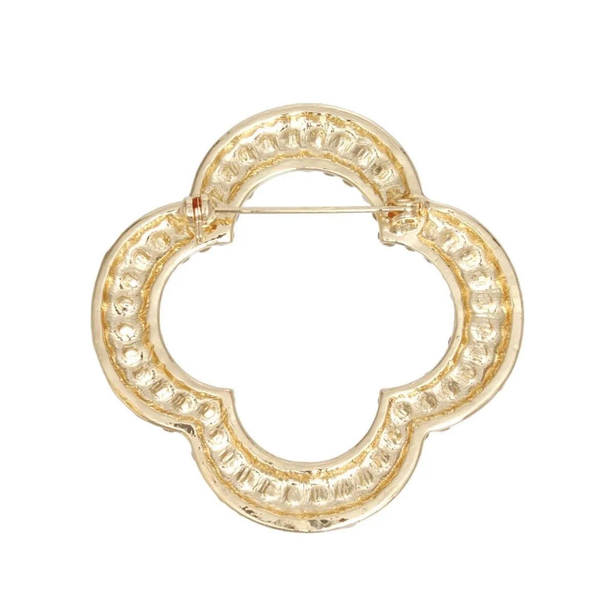 Gold Tone Rhinestone Quatrefoil Clover Brooch - Elegant Women’s Pin