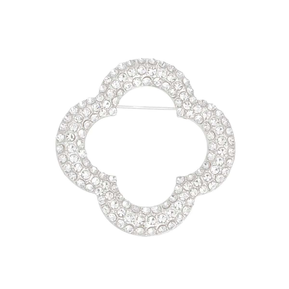 Silver Rhinestone Quatrefoil Clover Brooch - Sleek and Stylish