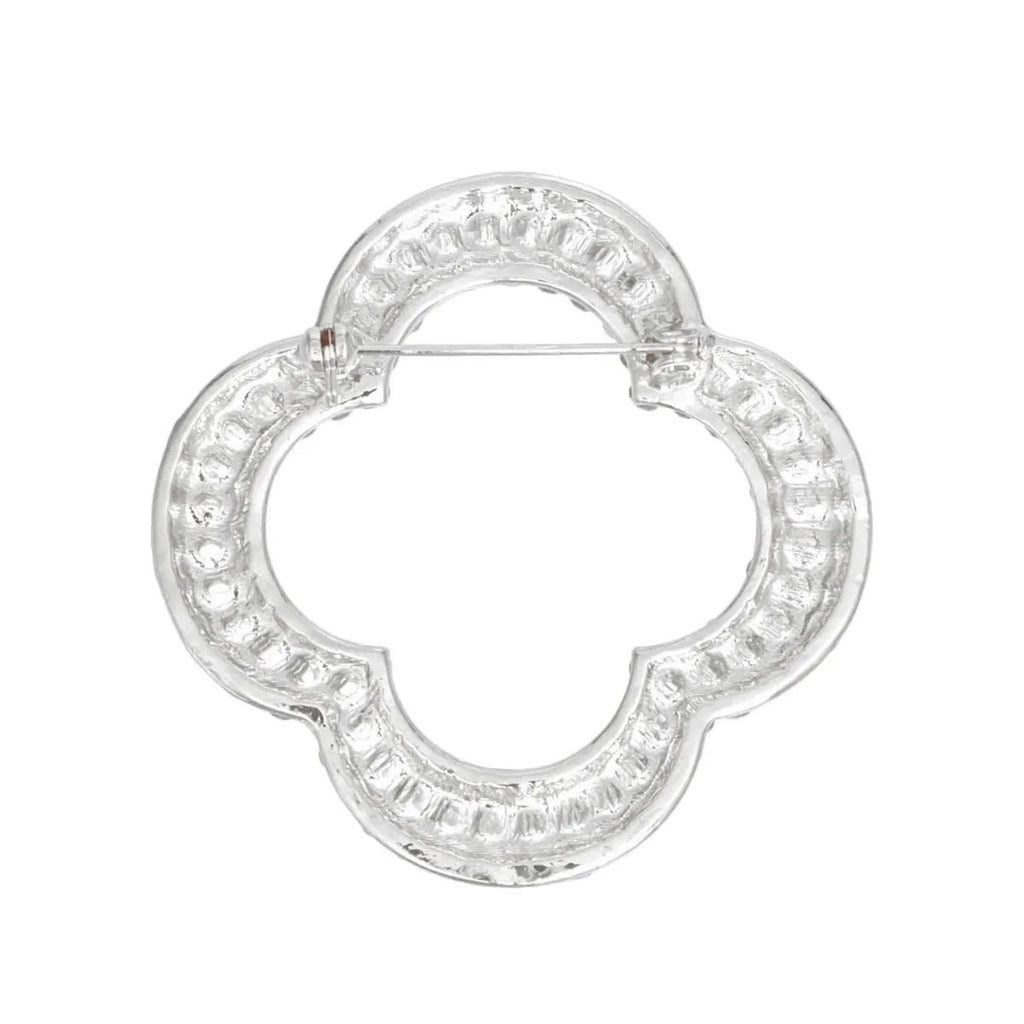 Silver Rhinestone Quatrefoil Clover Brooch - Sleek and Stylish