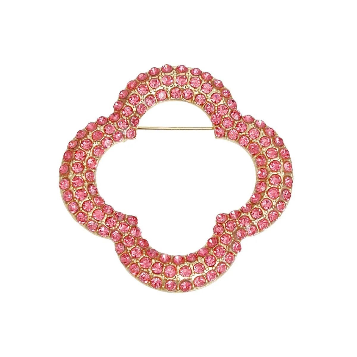 Pink Rhinestone Quatrefoil Clover Brooch - Gold Tone Metal