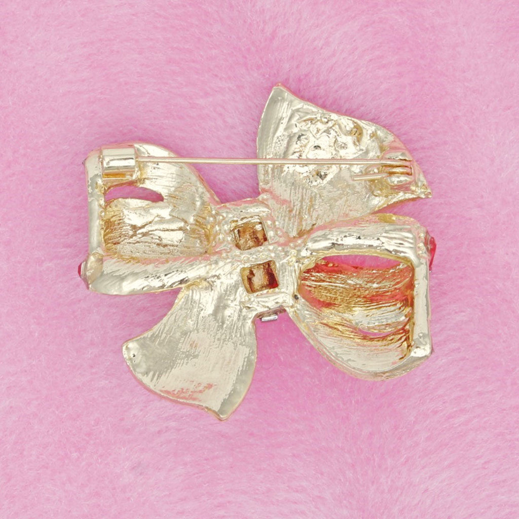 Gold Ribbon Bow Brooch Statement Red Crystal Accents Holiday Jewelry