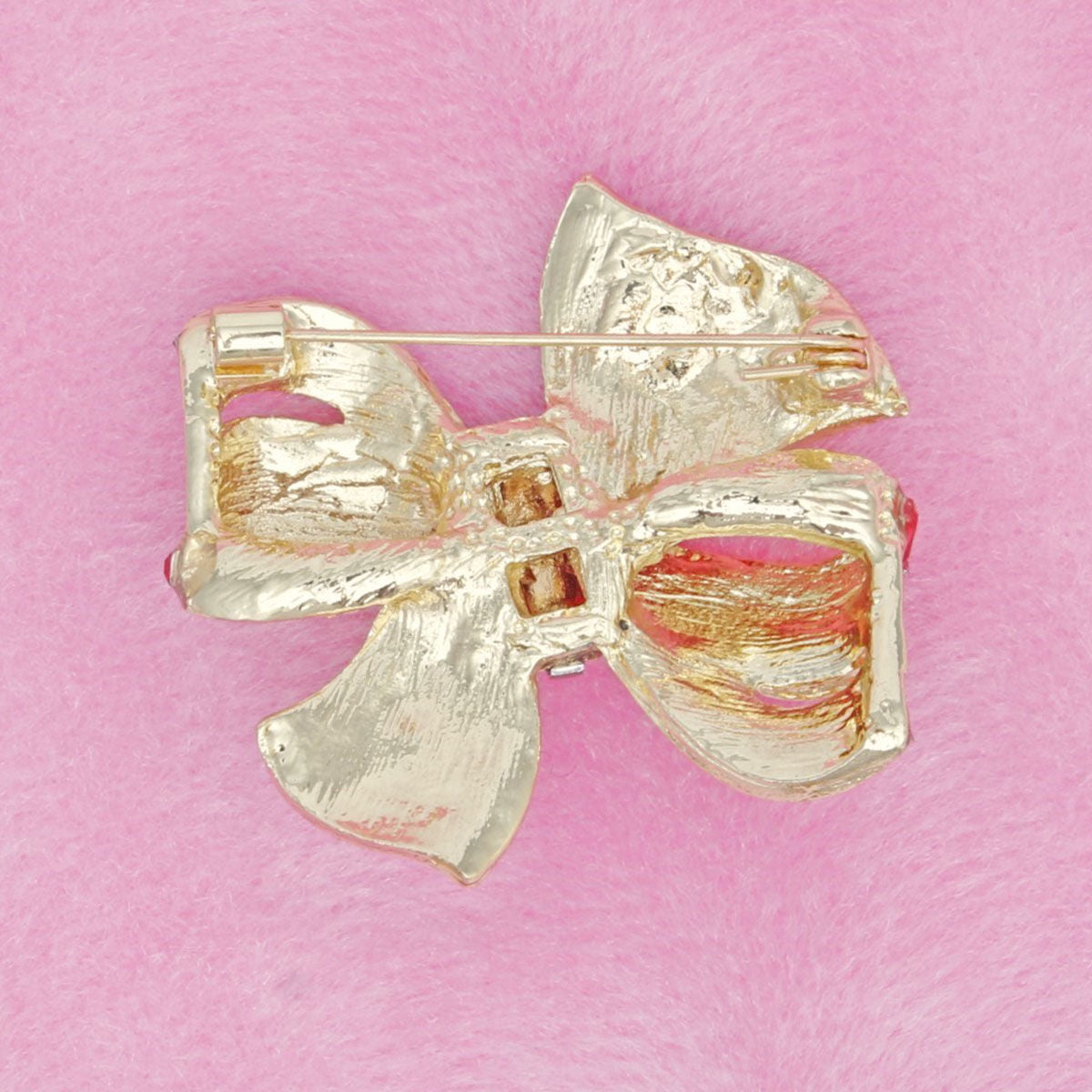 Gold Ribbon Bow Brooch Statement Red Crystal Accents Holiday Jewelry