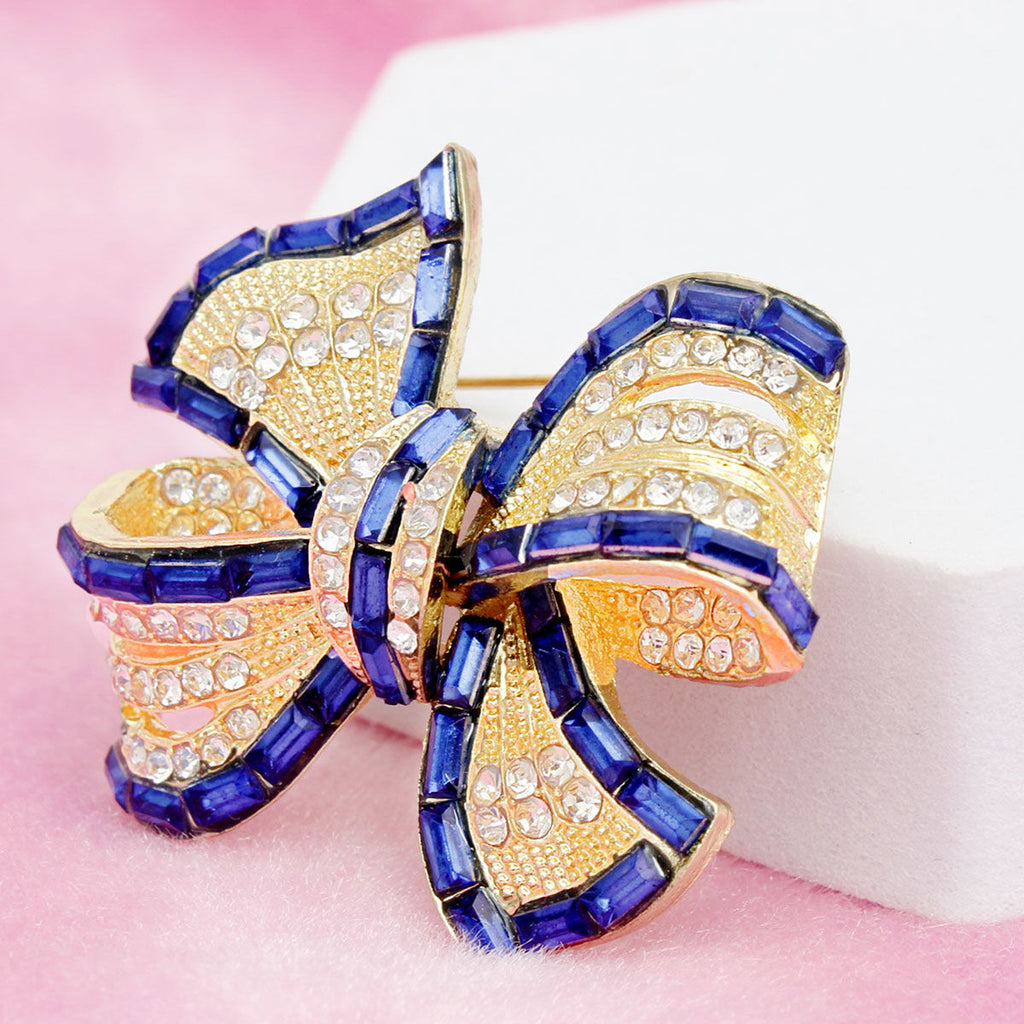 Gold Bow Brooch Royal Blue Crystal Rhinestone Ribbon