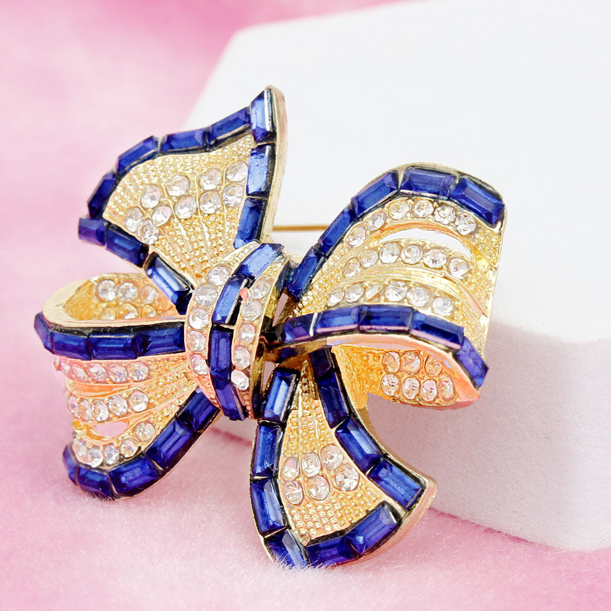 Gold Bow Brooch Royal Blue Crystal Rhinestone Ribbon