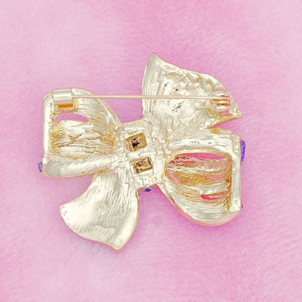 Gold Bow Brooch Royal Blue Crystal Rhinestone Ribbon