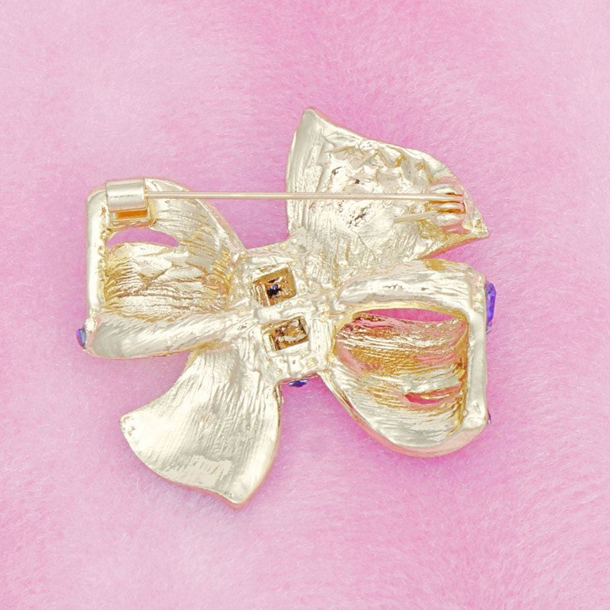 Gold Bow Brooch Royal Blue Crystal Rhinestone Ribbon