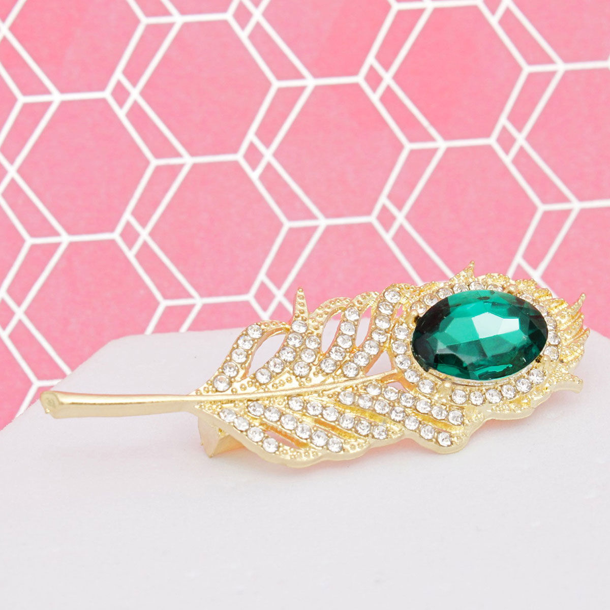 Emerald Green Brooch Pin Gold Feather Rhinestone Fashion Jewelry
